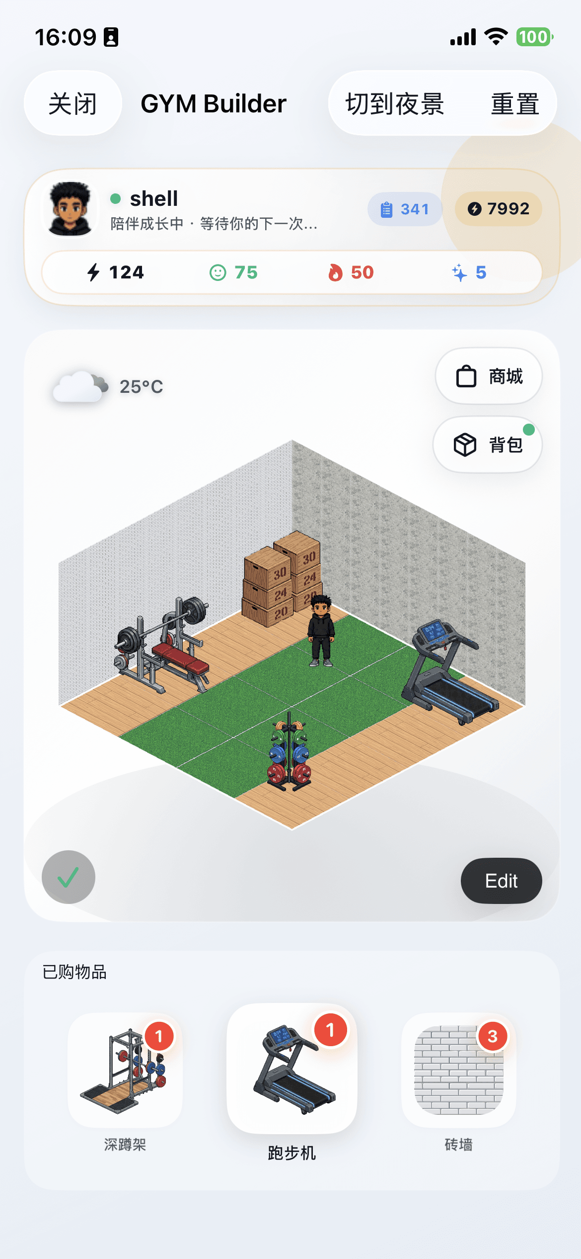 FitFo AI Gym showing a personalized gym space and collectible equipment.