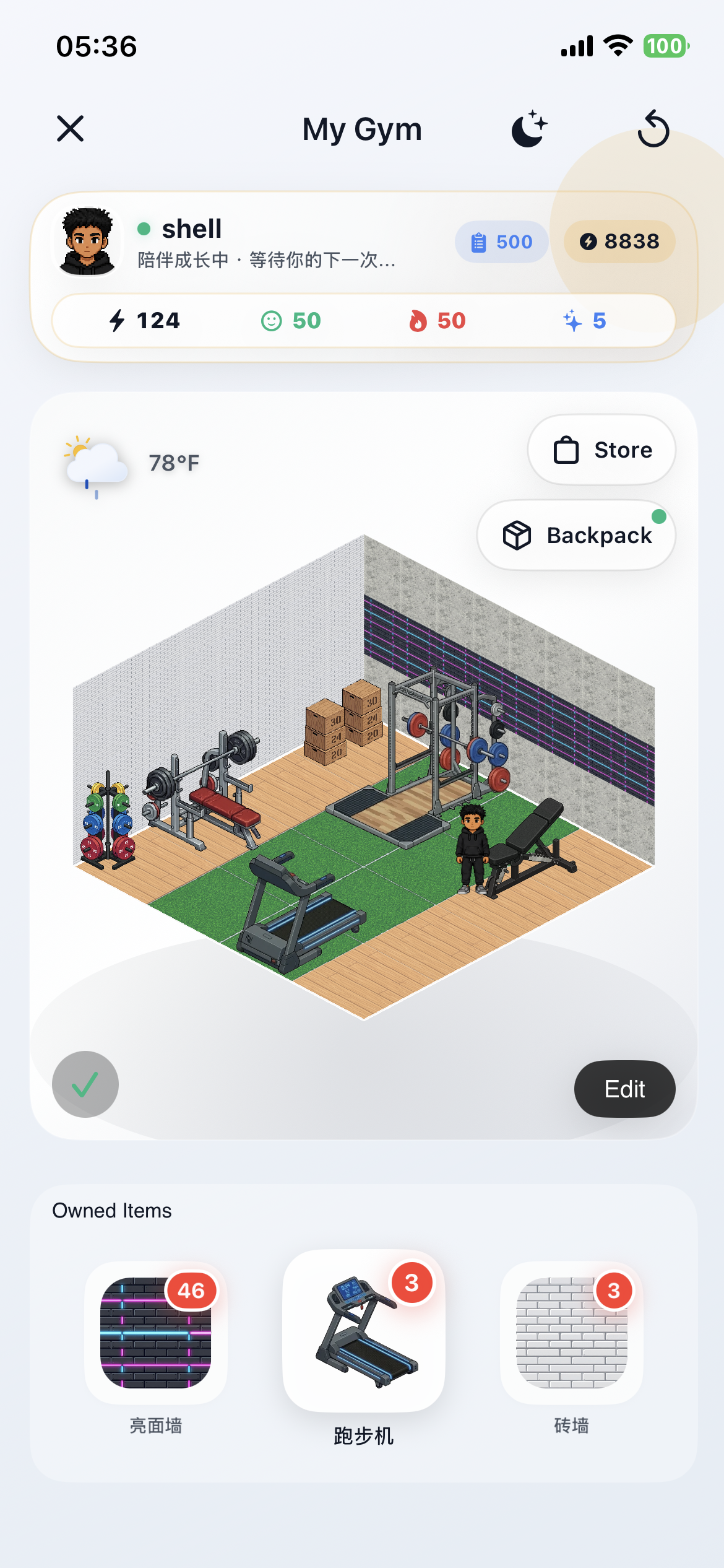 FitFo AI Gym showing a personalized gym space and collectible equipment.