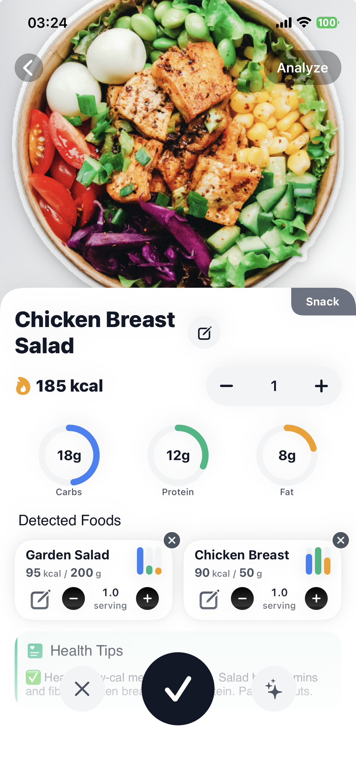 FitFo food recognition screen estimating meal nutrition from a photo.